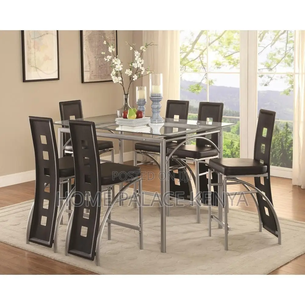 Dining Set; Complete 6 Seater Glass Top Dining Table and Chairs Set