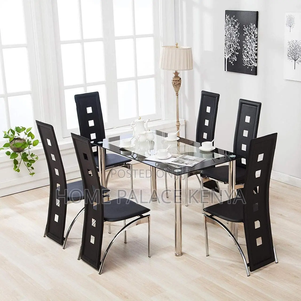 Dining Set; Complete 6 Seater Glass Top Dining Table and Chairs Set