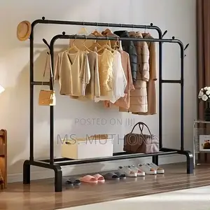 Antiwar Sturdy Metal Double Rodding Clothes Rack With Wheels,