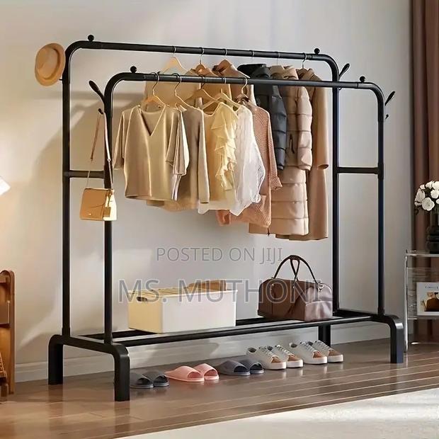 Antiwar Sturdy Metal Double Rodding Clothes Rack With Wheels, - thumbnail 2