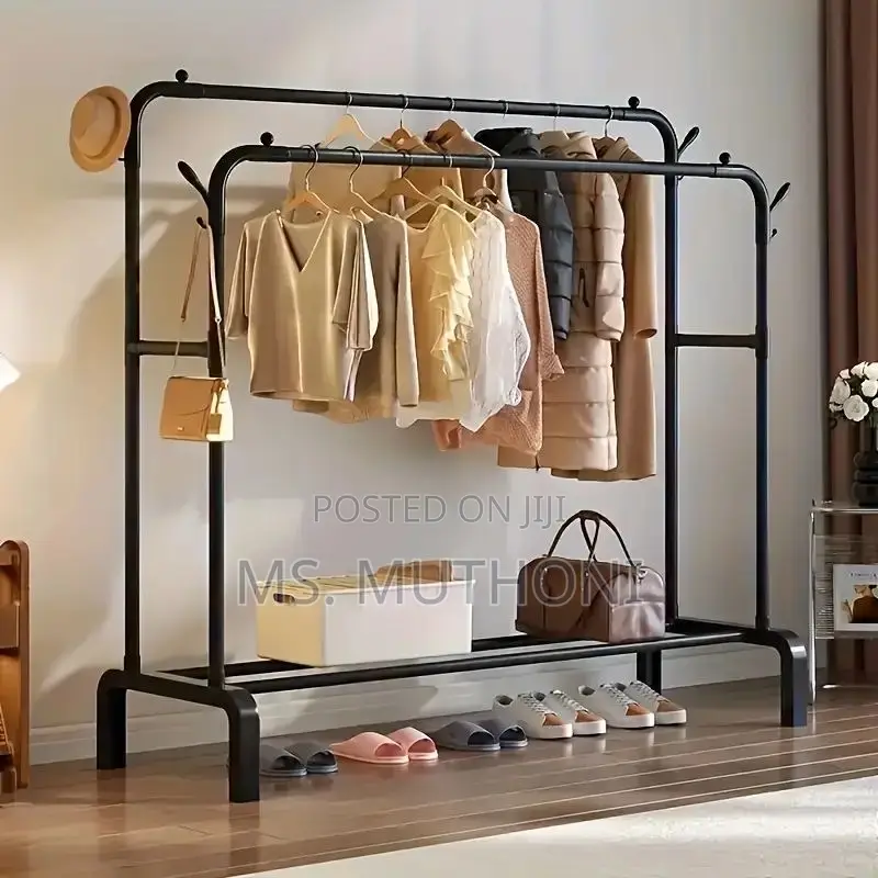 Antiwar Sturdy Metal Double Rodding Clothes Rack With Wheels,