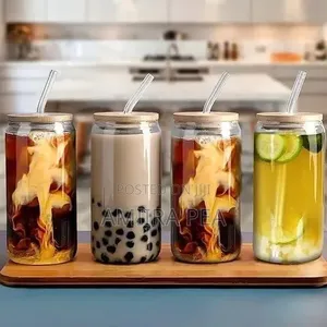 Transparent Glass Boba Cup With Wooden Lid Glass Straw