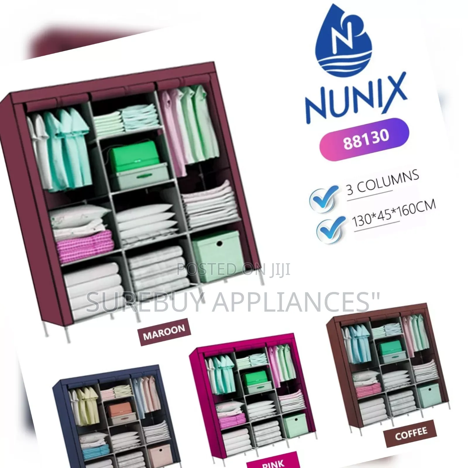 Portable 3-Column Metallic Wardrobe | Clothes Storage Organizer