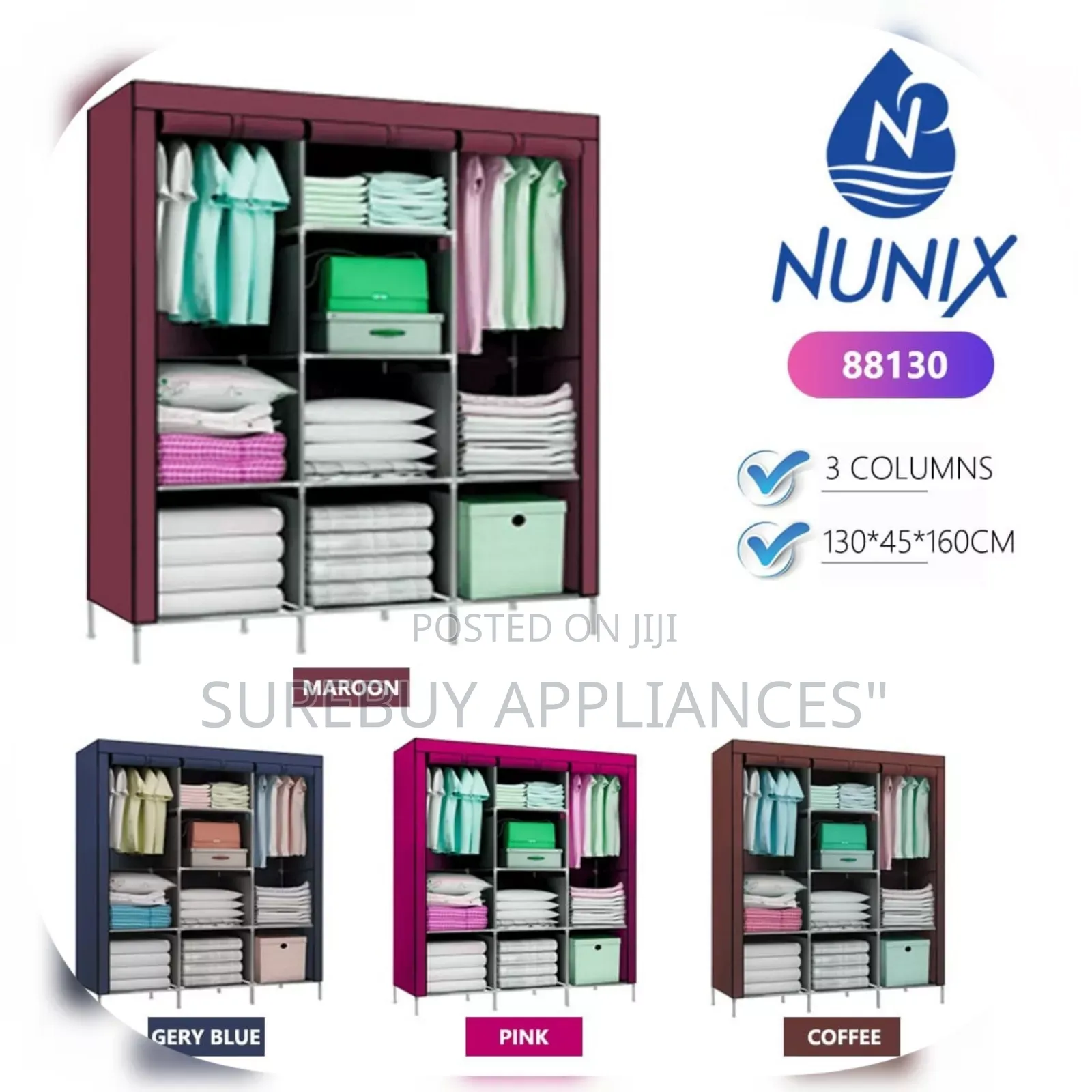 Portable 3-Column Metallic Wardrobe | Clothes Storage Organizer