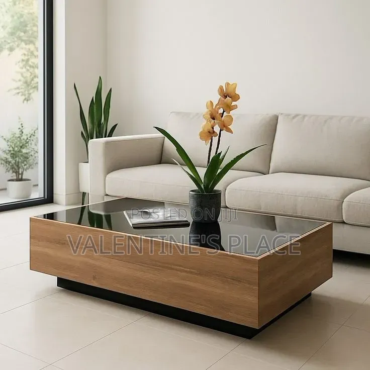 ​Chic Low-Profile Wooden Center Table With Dark Glass Surface