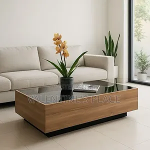 ​Chic Low-Profile Wooden Center Table With Dark Glass Surface