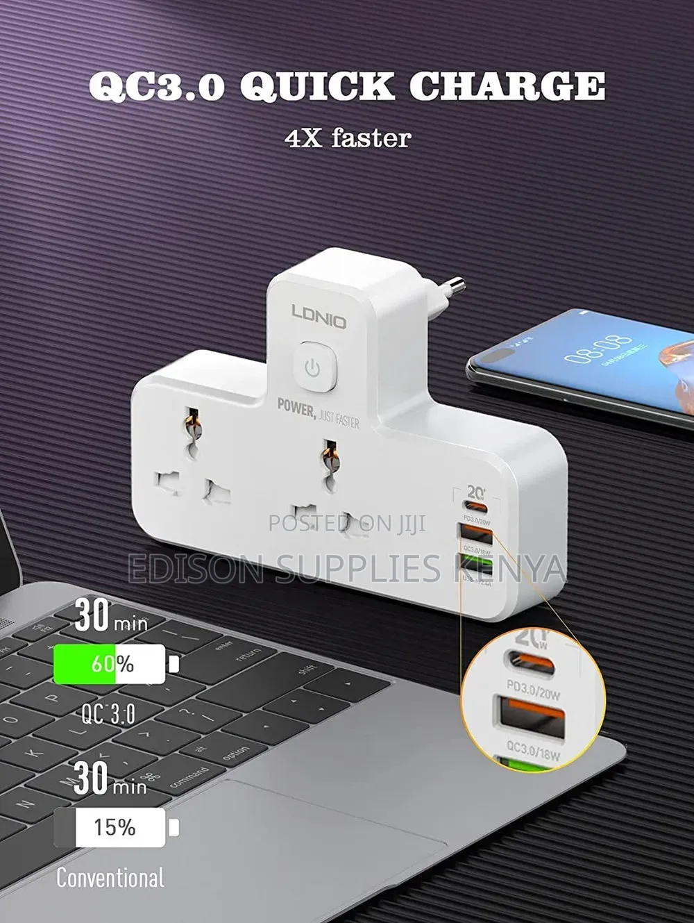 LDNIO Fast Charging Wall Socket, 2 Way Power Socket