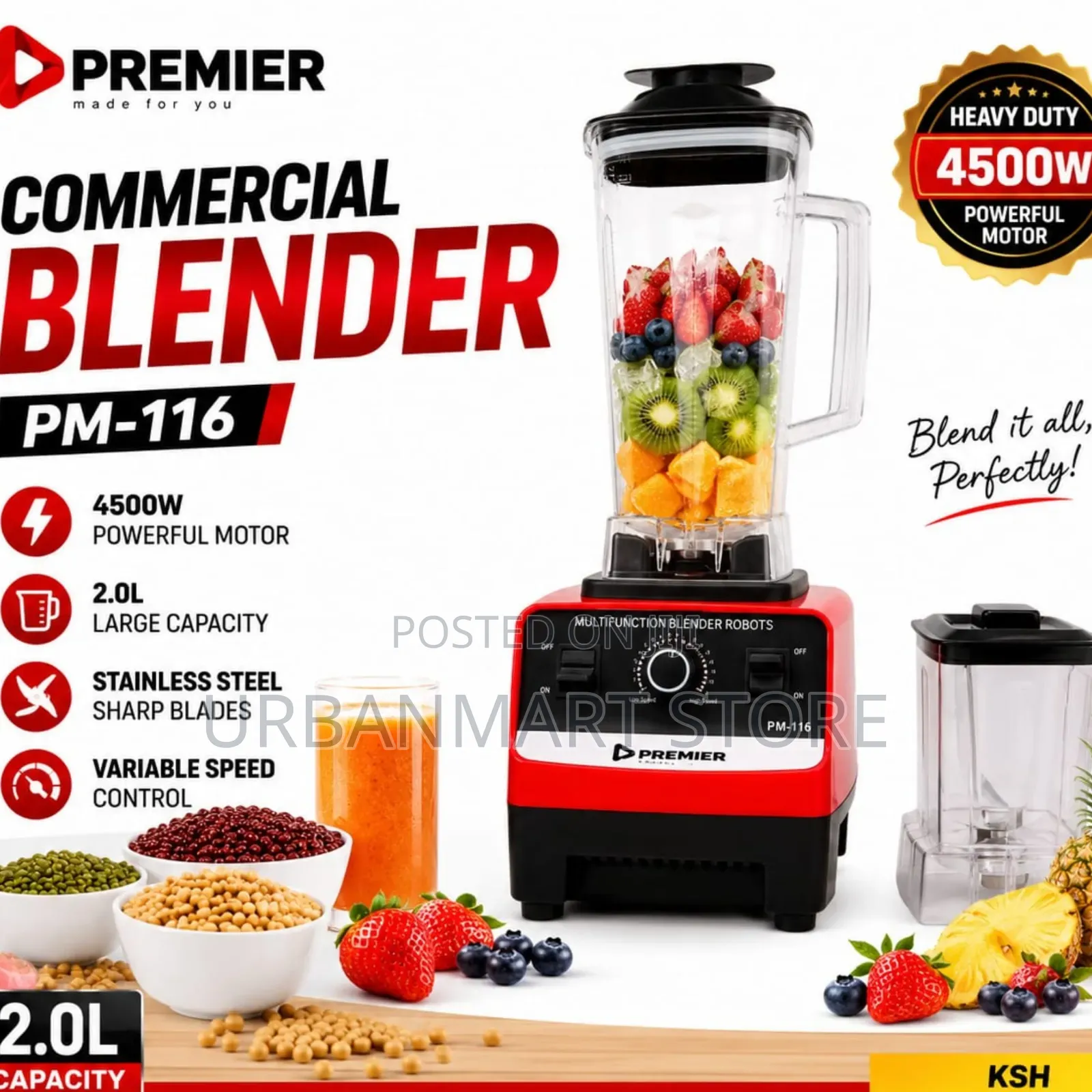 Premier Commercial Blender 2 Litres 2-in-1 4500W