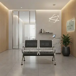 Office Bench; Two Seaters Leather Cushion Metallic Reception Bench