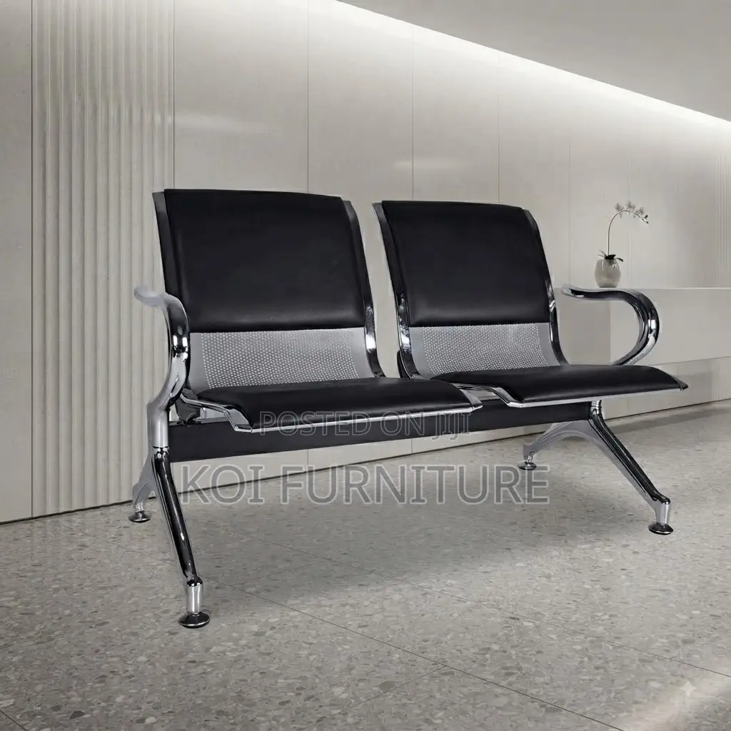 Office Bench; Two Seaters Leather Cushion Metallic Reception Bench