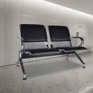 Office Bench; Two Seaters Leather Cushion Metallic Reception Bench