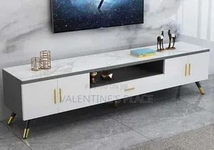 Executive TV Stand With Marble Finish Gold Handles