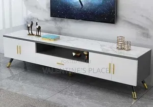 Executive TV Stand With Marble Finish Gold Handles