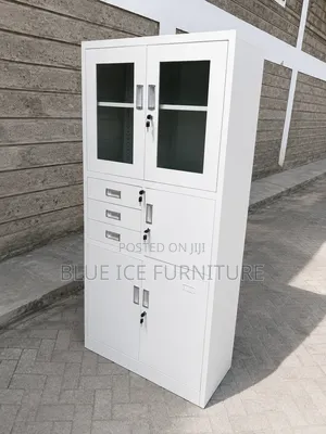 White Steel Office Filing Cabinet With Glass Doors Drawers