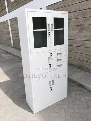 White Steel Office Filing Cabinet With Glass Doors Drawers