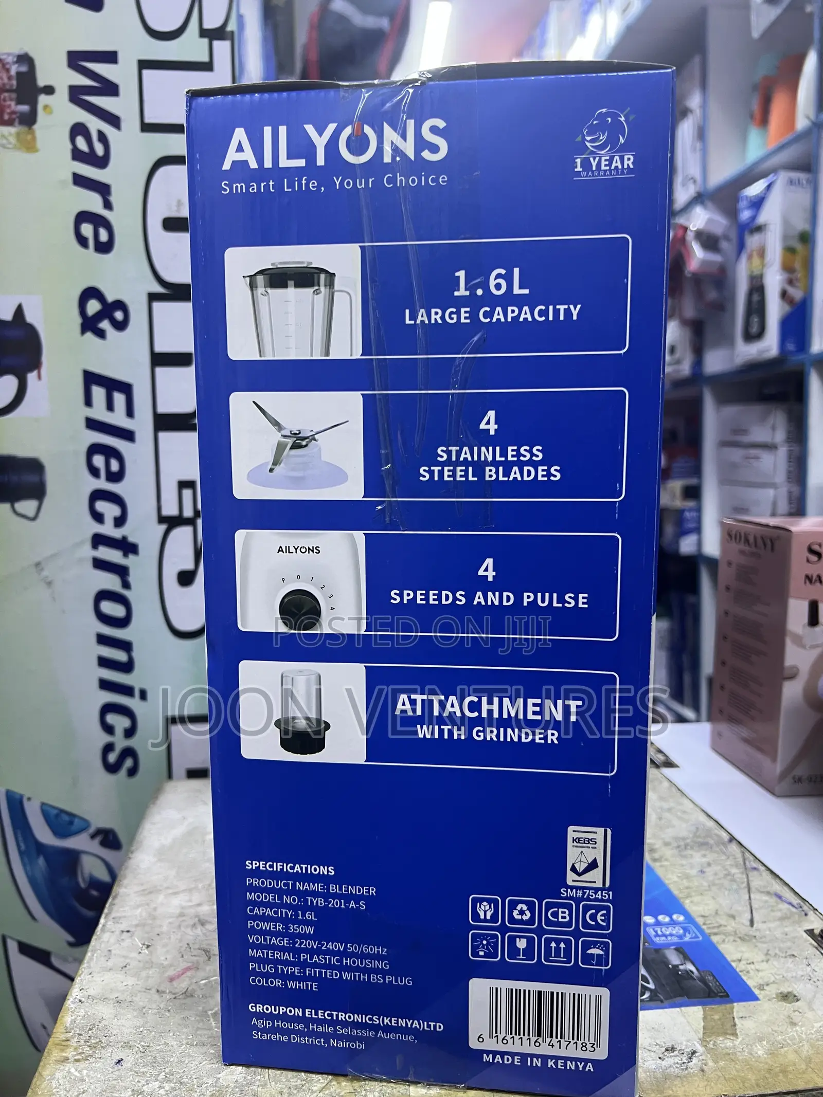 Ailyons TYB-201-A-S 350W 2-in-1 Electric Blender and Grinder