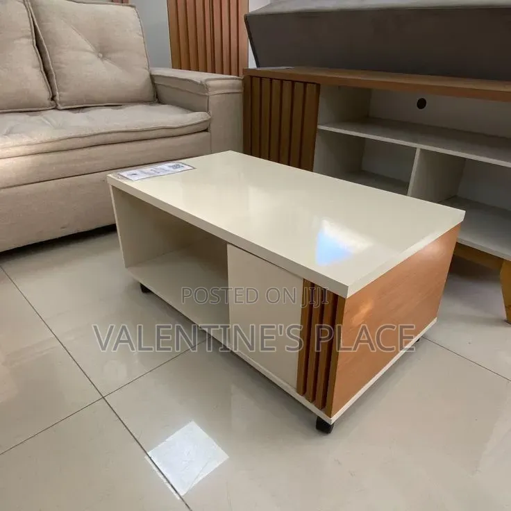 Luxury Minimalist Coffee Table – Cream Top Wood Accents