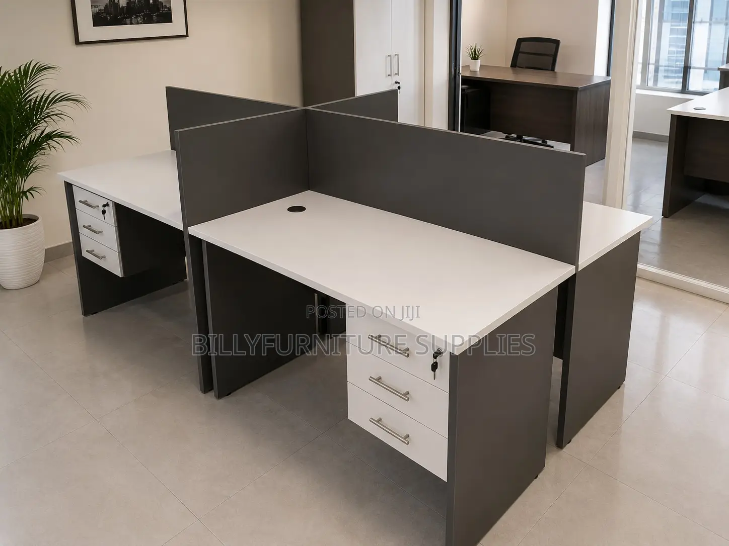 Professional 4-Way Office Workstation | Modern Partitioned Staff Desk
