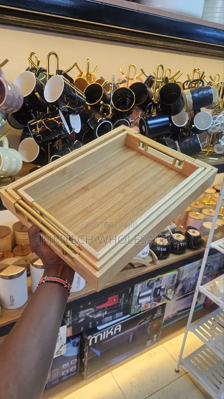 Bamboo Serving Tray Set With Gold Handles