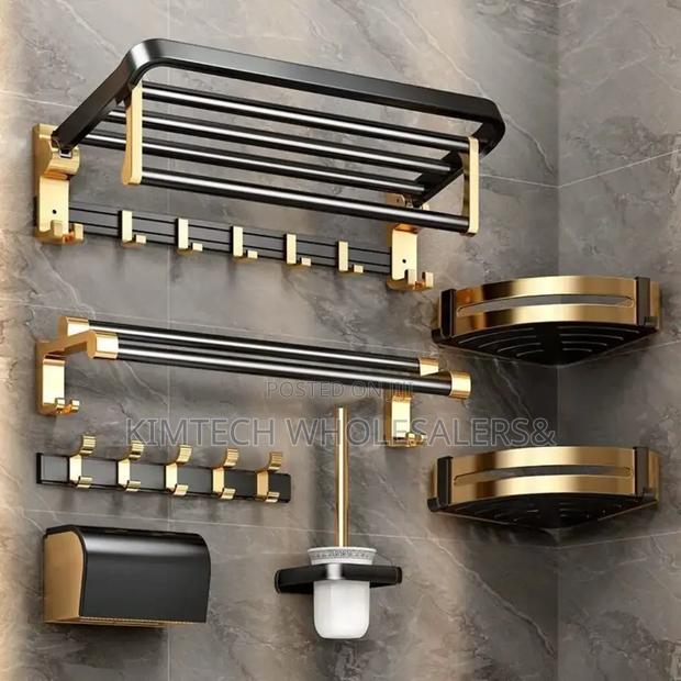 7pcs Black and Gold Multifunctional Aluminum Bath Towel Storage