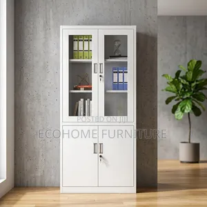Modern Office Storage Cabinet With Glass Doors, Shelves Lockable
