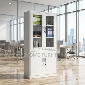 Modern Office Storage Cabinet With Glass Doors, Shelves Lockable