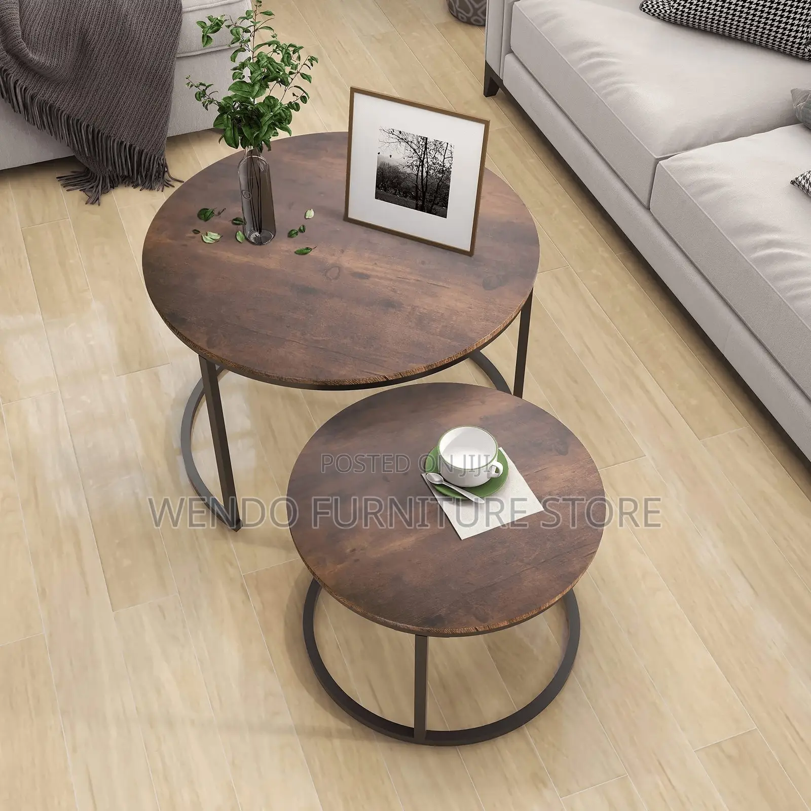 Coffee Table; Round Dual Coffee Table With Top Wood