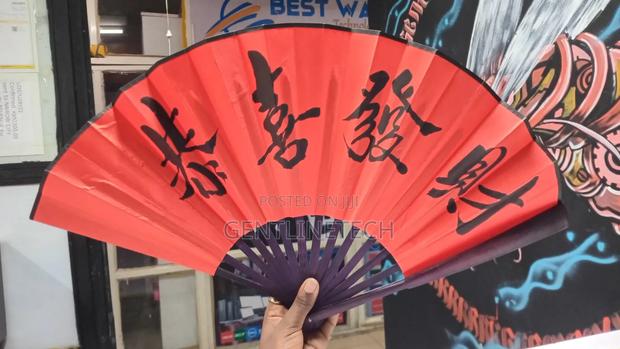 Red Chinese Folding Fan With Calligraphy - thumbnail 3