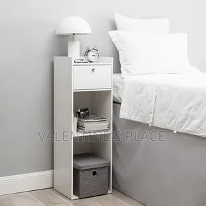 Slim White Bedside Table With Drawer Open Shelves – Space Saver