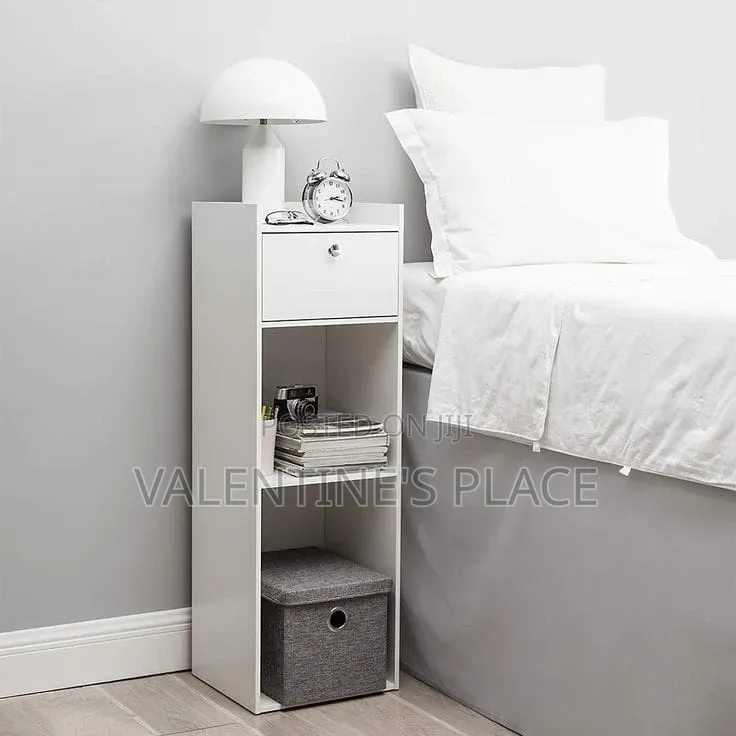 Slim White Bedside Table With Drawer Open Shelves – Space Saver