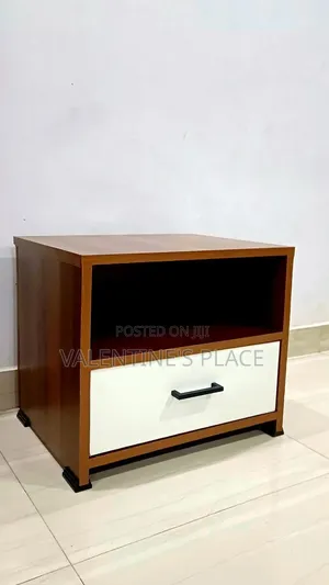 Sleek Wooden Bedside Table With an Open Shelf and Drawer.