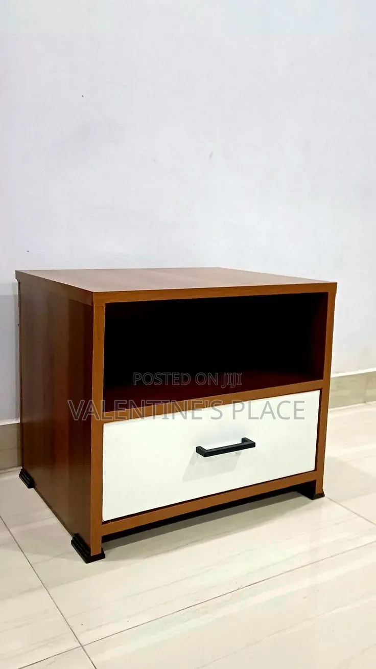 Sleek Wooden Bedside Table With an Open Shelf and Drawer.