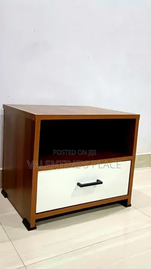 Sleek Wooden Bedside Table With an Open Shelf and Drawer.