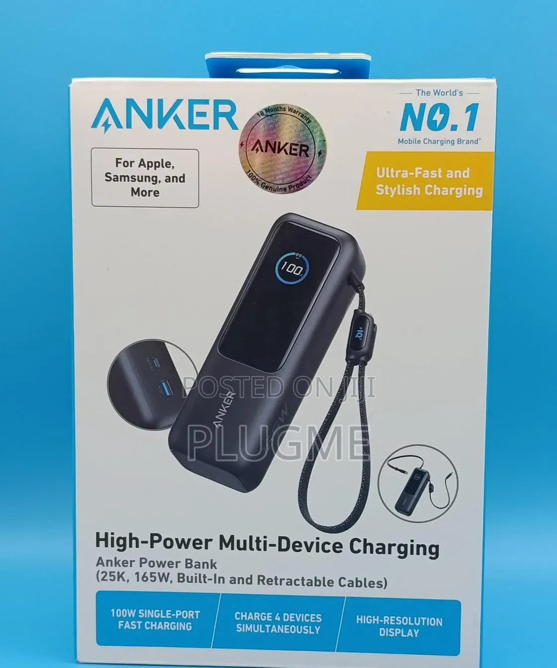 ANKER POWERBANK (25000 Mah 165W Built -in and Retractable Cables)