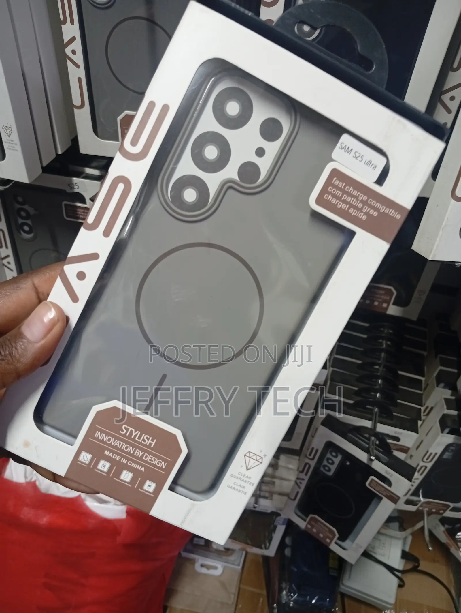 Phone Case in a White and Brown Box Labeled for the Samsung Galaxy S25