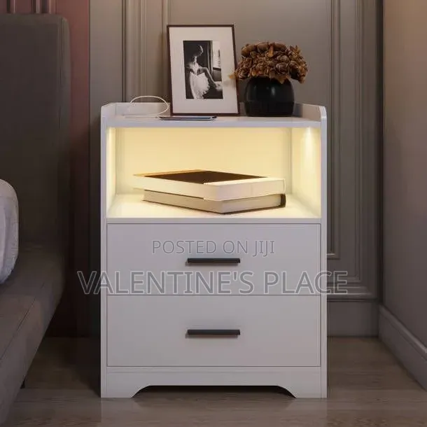Modern White 2-Drawer Bedside Table / Nightstand With Light