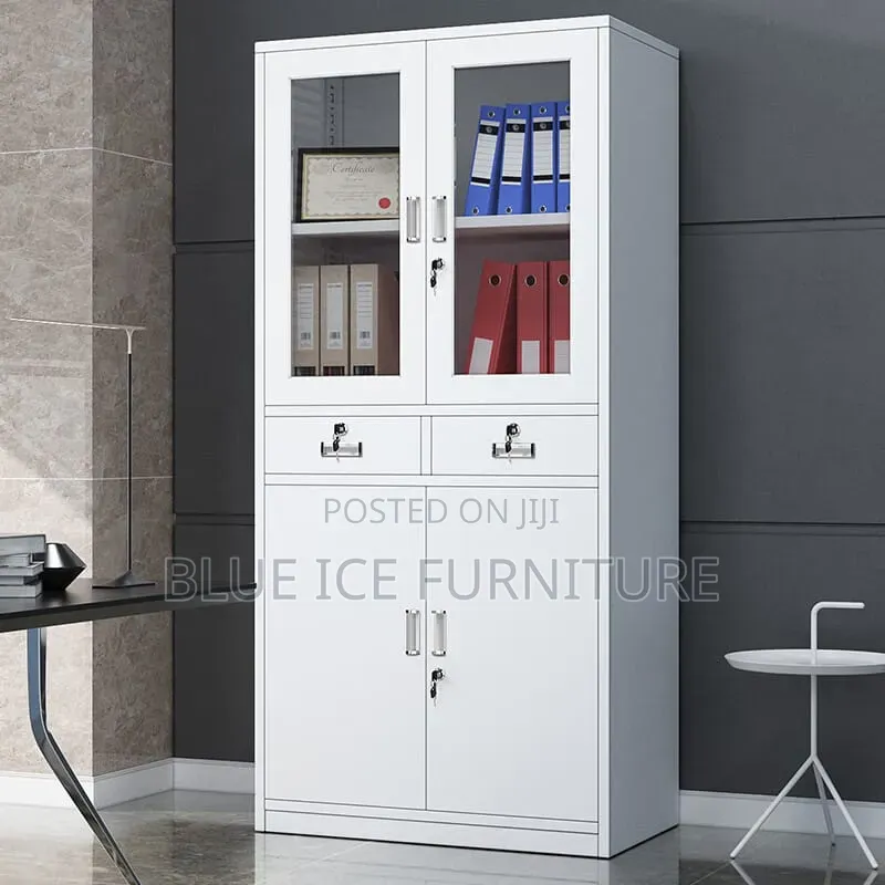 Modern White Steel Filing Cabinet With Glass Doors