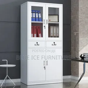 Modern White Steel Filing Cabinet With Glass Doors