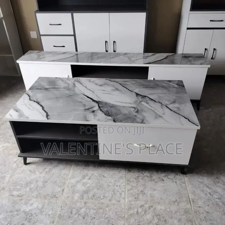 Caption: Luxury Marble-Top TV Media Console / Entertainment Center