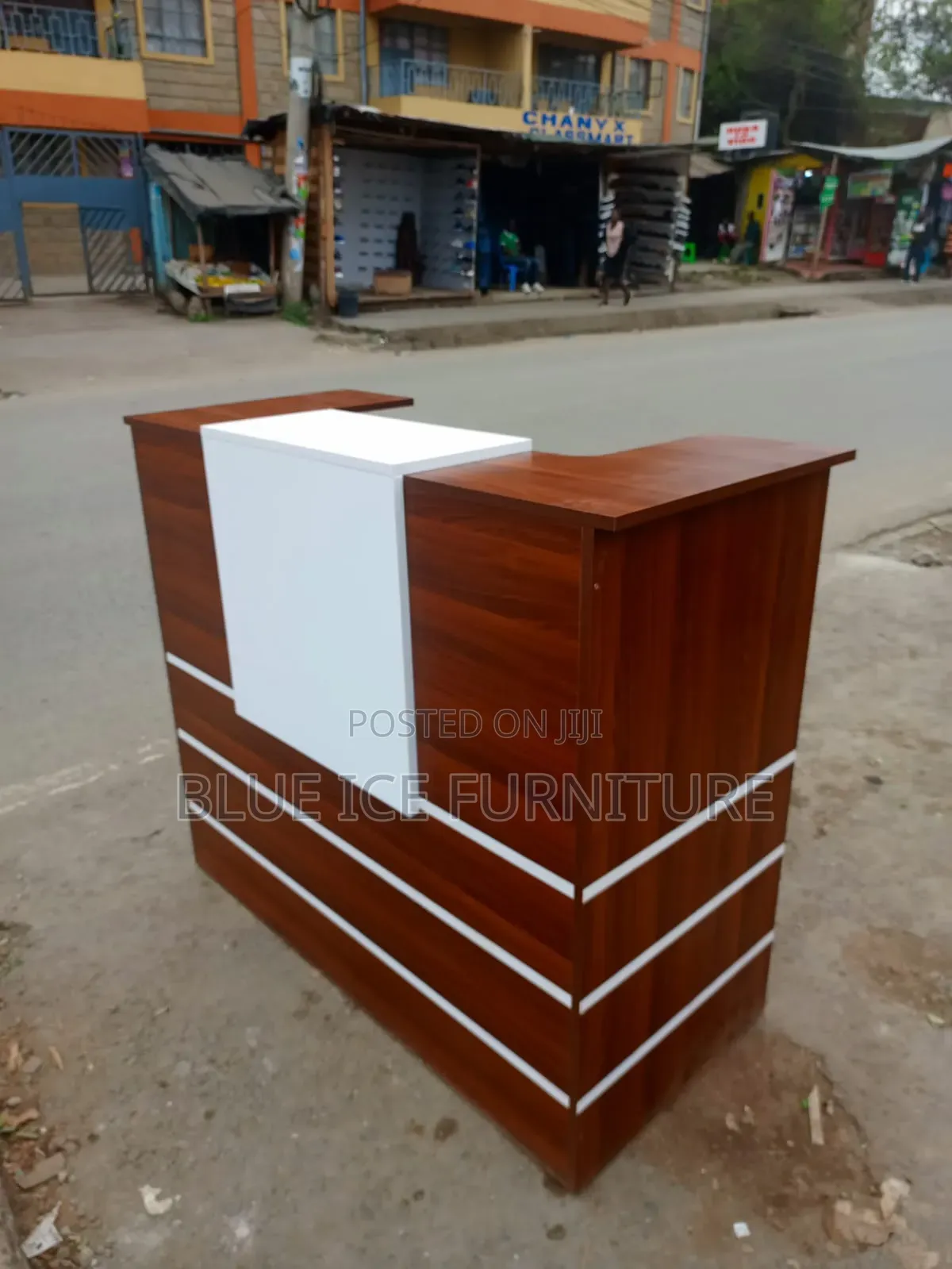Modern Wooden Reception Desk With White Front Panel