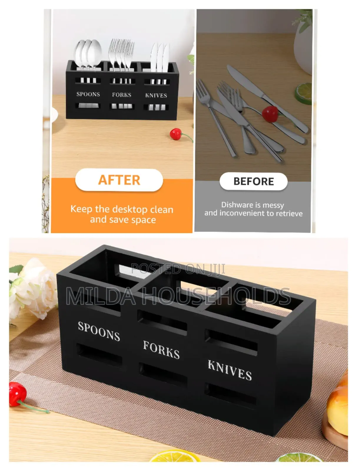*3-Compartment Eco-Friendly Wooden Cutlery Holder