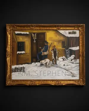 Antique Oil Painting – Winter Village Scene | Gold Frame Vintage Art