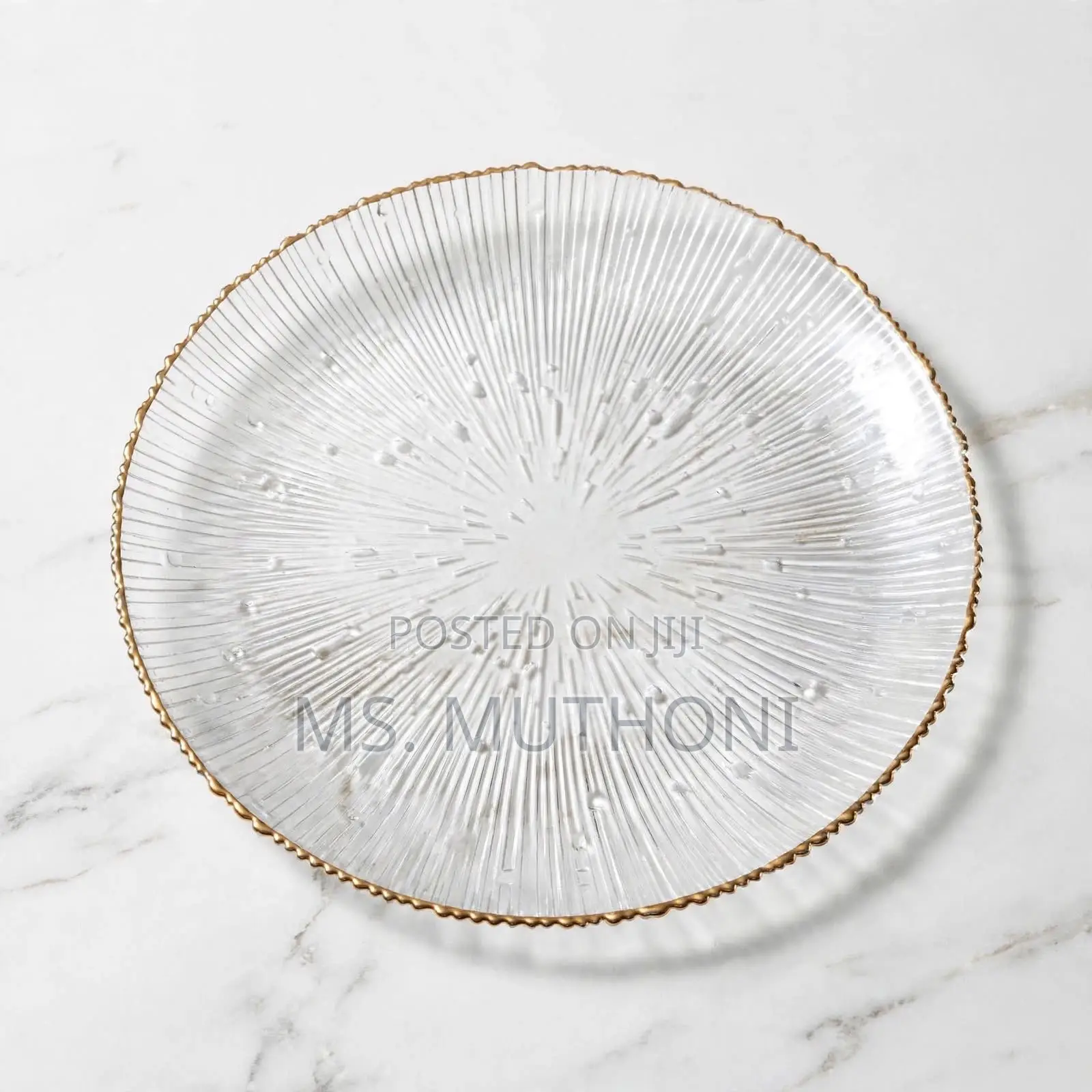 6pcs Stunning Clear Glass Plates ,Ribbed Texture Gold Edges