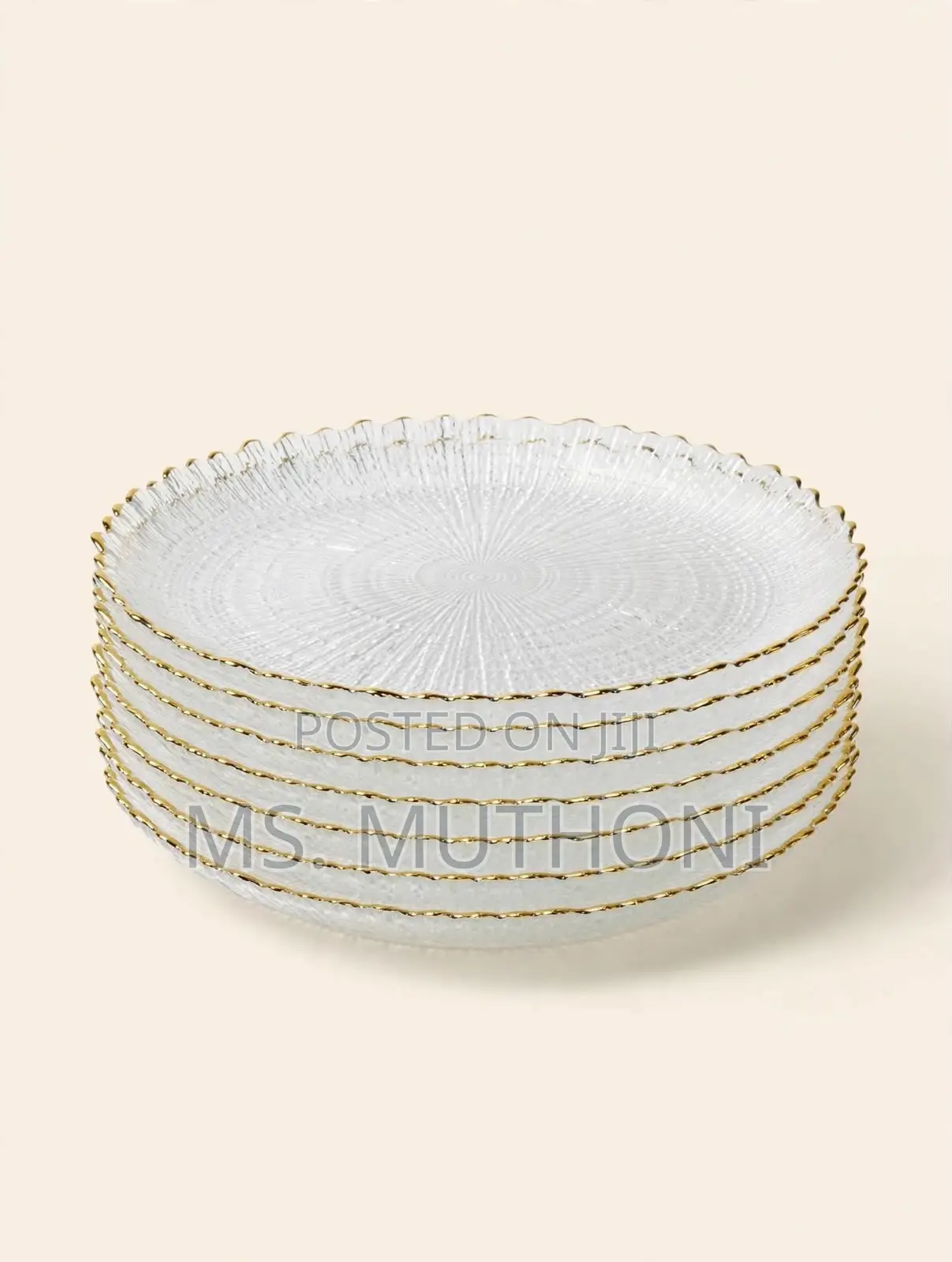 6 PCs Textured Glass Plates With a Wavy Gold Trim