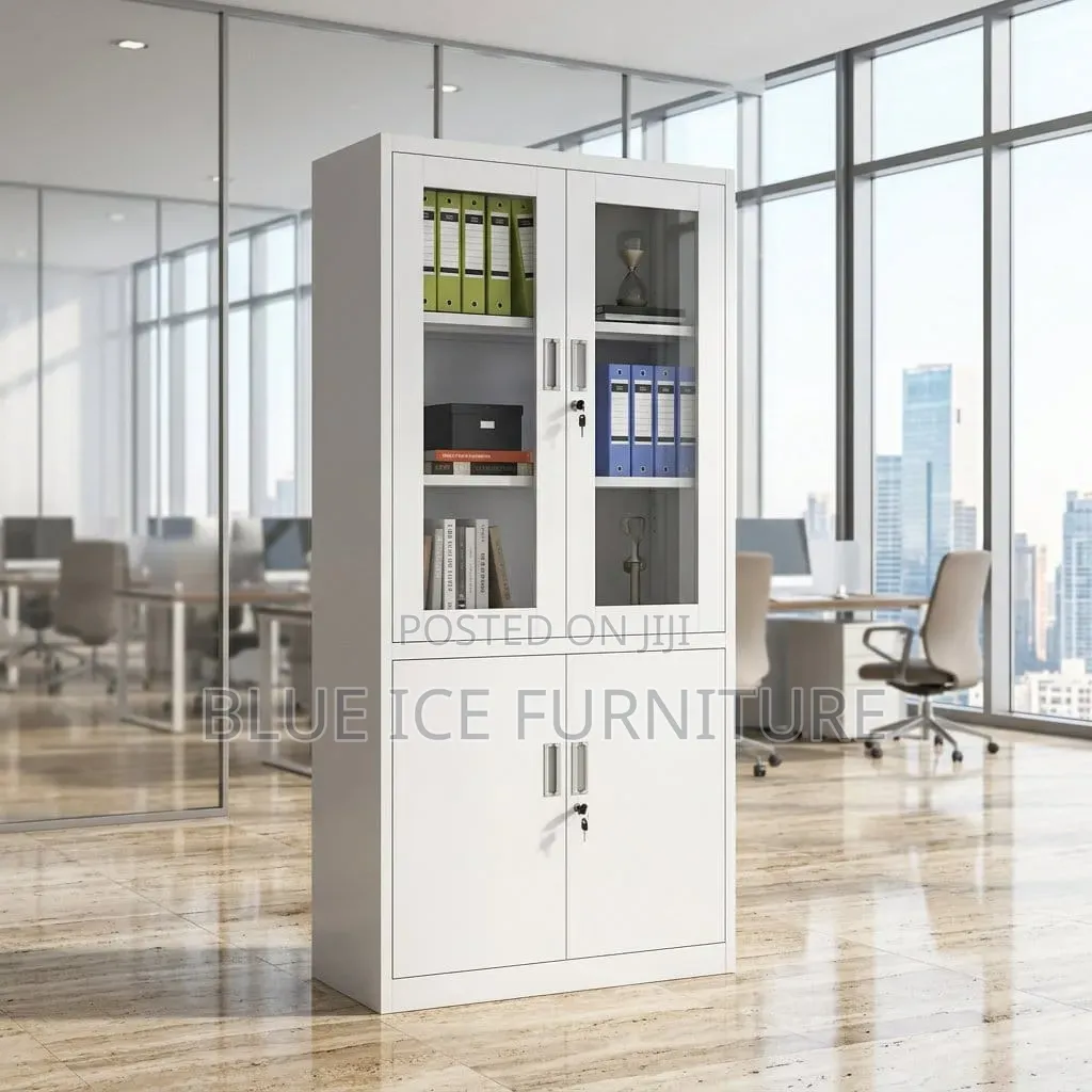 Modern White Office Filing Cabinet With Glass Doors