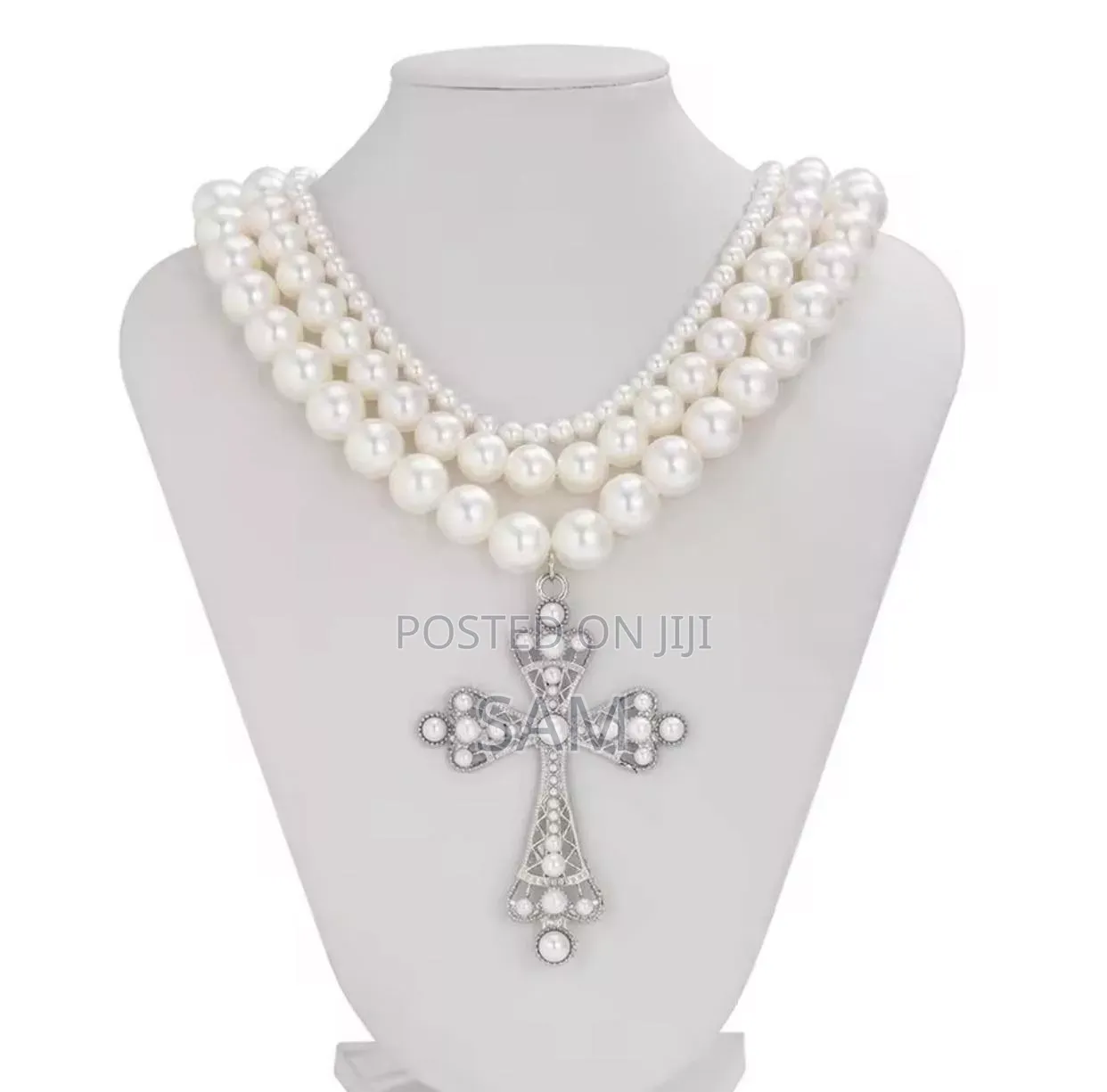 White Cross Pendants Multilayed Pearl Necklaces