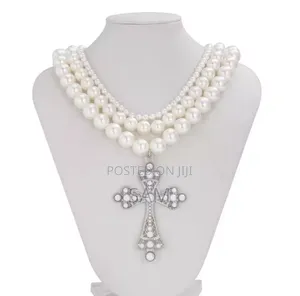 White Cross Pendants Multilayed Pearl Necklaces