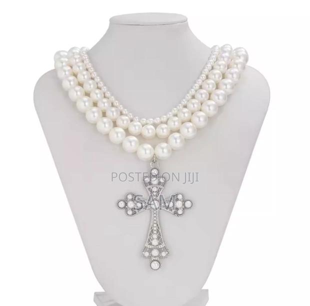 White Cross Pendants Multilayed Pearl Necklaces - main view