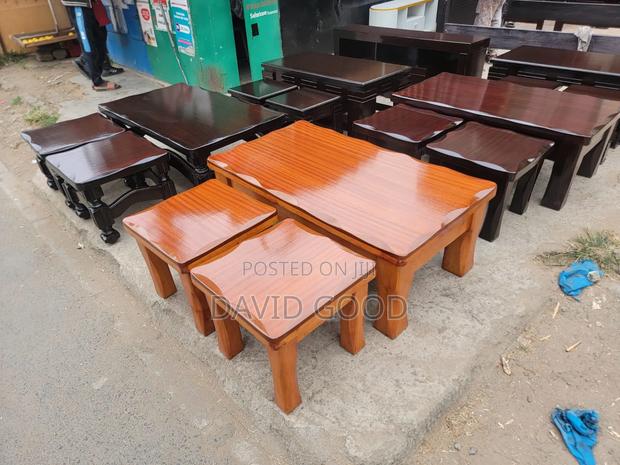 Wooden Coffee Table and Stools - main view