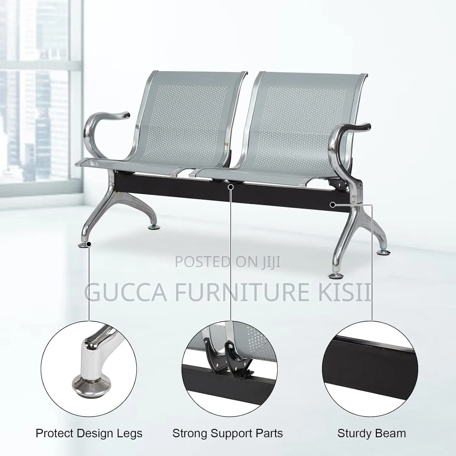 Reception Bench; 2-Link Stainless Steel Reception Bench